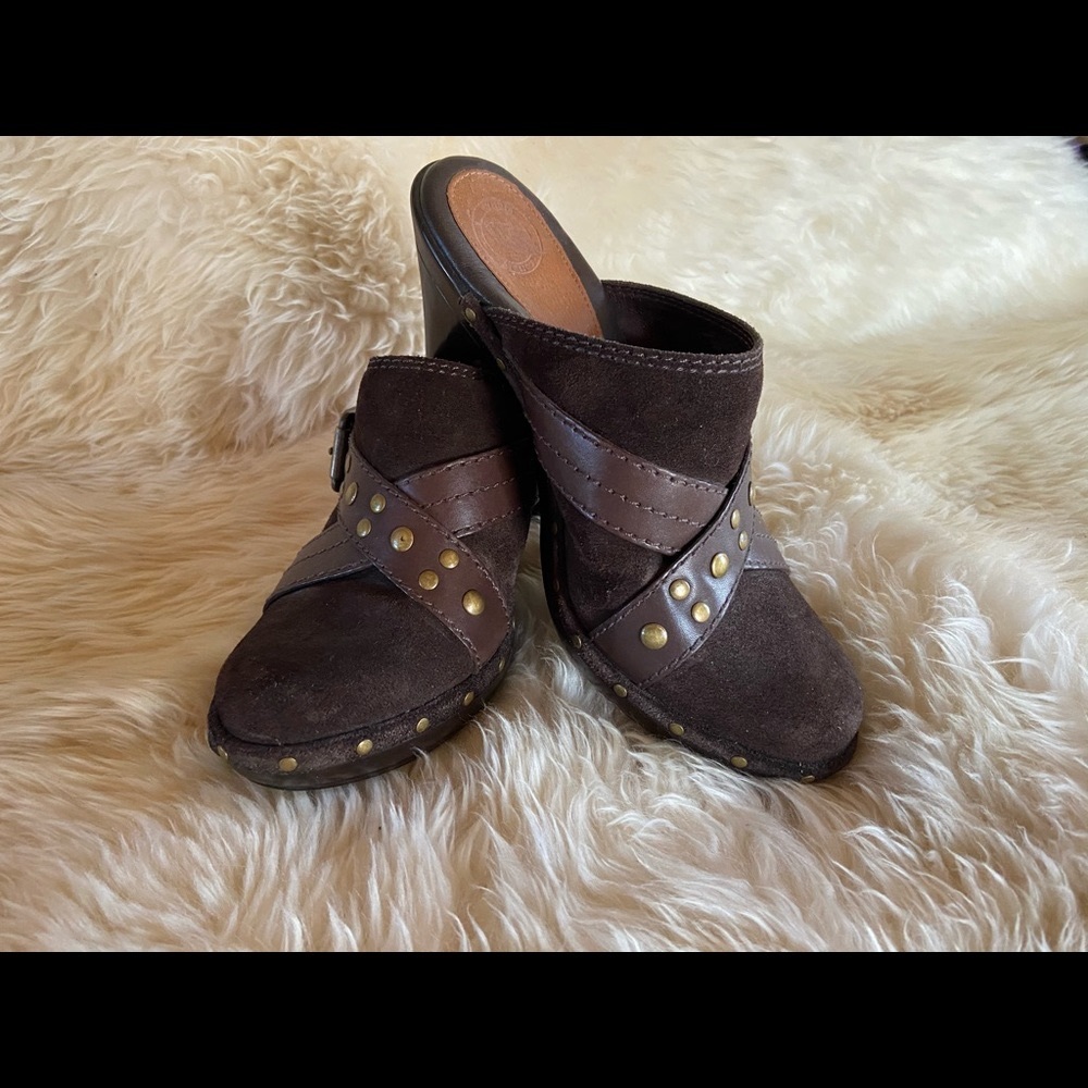 2/$25. Nurture dark brown leather heeled mules.